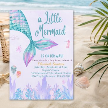 a little mermaid is on her way girl baby shower invitation