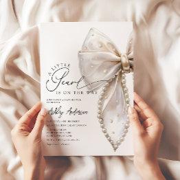 Small A Little Pearl Neutral Bow Baby Shower Invitation Front View