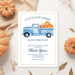 Small A Little Pumpkin Baby Shower Blue Truck Invitation Front View