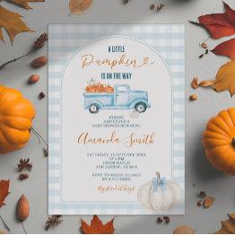Small A Little Pumpkin Blue Truck Gingham Baby Shower Invitation Front View