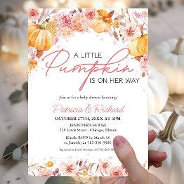 Small A Little Pumpkin Is On Her Way Baby Shower Invitation Front View