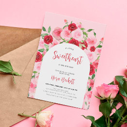 Small A Little Sweetheart Pink Floral Arch Baby Shower Invitation Front View