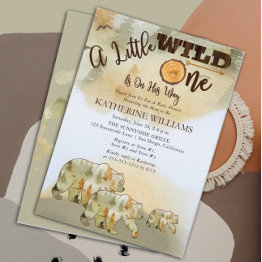 Small A Little Wild One Bears Woodland Boy Baby Shower Invitation Front View