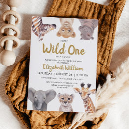 Small A Little Wild One Safari Baby Animals Baby Shower Invitation Front View