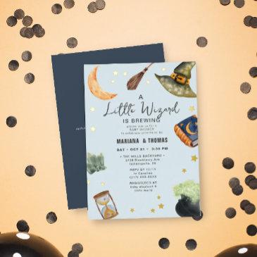 a little wizard brewing boy halloween baby shower foil invitation