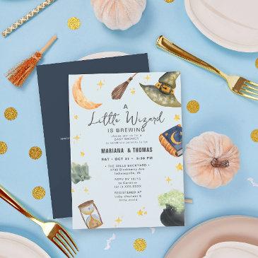 a little wizard brewing boy halloween baby shower invitation