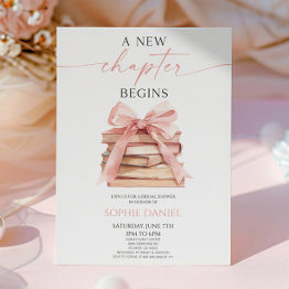 Small A New Chapter Begins Pink Bow Books Bridal Shower Invitation Front View