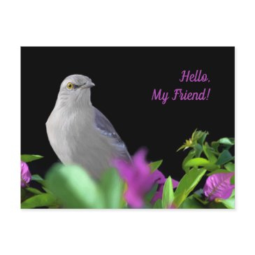 a northern mocking bird with purple & green leaves postinvitations