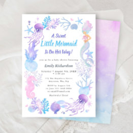 Small A Sweet Little Mermaid Pastel Baby Girl Shower Invitation Front View