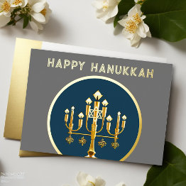 Small Abstract Drawing Of Menorah Gold Blue Modern Holiday Invitations Front View