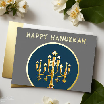 abstract drawing of menorah gold blue modern holiday invitations