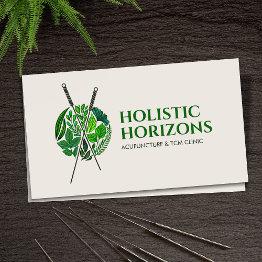 Small Acupuncture Needles, Herbs And Leaves Business Invitations Front View