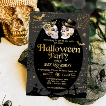 adult halloween party vintage skulls gothic gold invitation