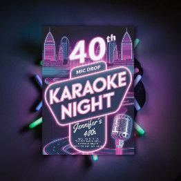 Small Adult Karaoke 90s Neon Pink Glow 40th Birthday Invitation Front View