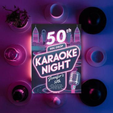 adult karaoke 90s neon pink glow 50th birthday invitation