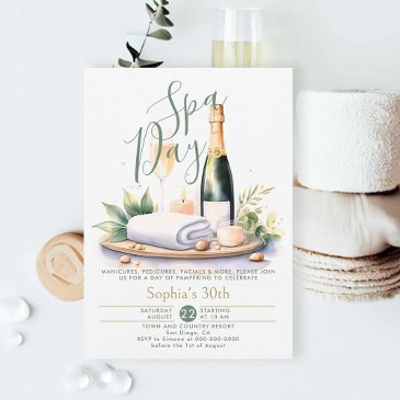adult spa day party watercolor green 30th birthday invitation