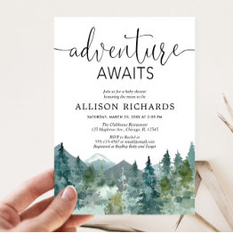 Small Adventure Awaits Rustic Mountains Baby Shower Invitation Front View