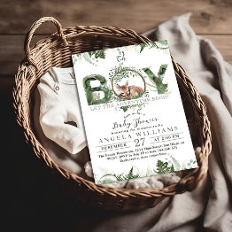 Small Adventure Begin Woodland Deer Baby Boy Shower Invitation Front View