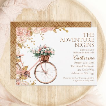 adventure begins vintage floral bike baby shower invitation