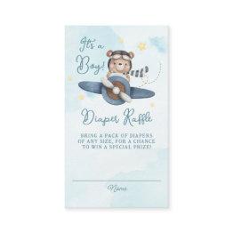 Small Adventure Cute Bear Blue Plane Baby Diaper Raffle Enclosure Invitations Front View