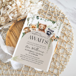 Small Adventure Woodland Animal Neutral Baby Shower Invitation Front View