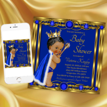 african american blue gold prince baby shower invitation