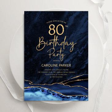 agate navy blue gold 80th birthday invitation