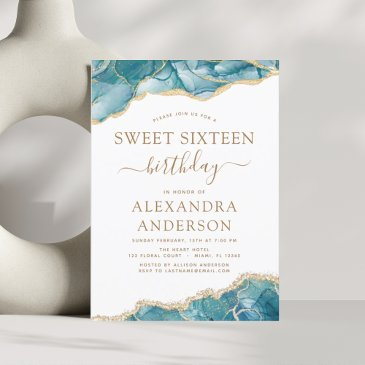 agate turquoise sweet 16 teal gold invitation