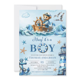 Small Ahoy It's A Boy Blue And Brown Teddy Bear Sailor Invitation Front View