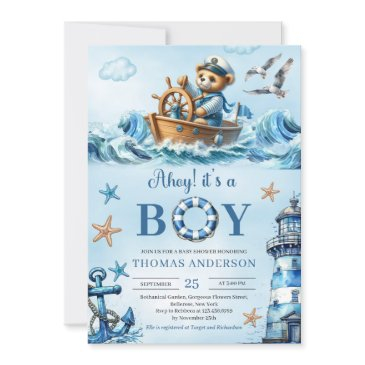 ahoy it's a boy blue and brown teddy bear sailor invitation