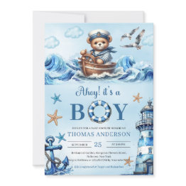Small Ahoy It's A Boy Blue And Brown Teddy Bear Sailor Invitation Front View