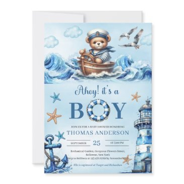 ahoy it's a boy blue and brown teddy bear sailor invitation