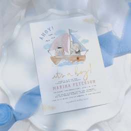 Small Ahoy It's A Boy Elephant Sailboat Baby Shower Invitation Front View