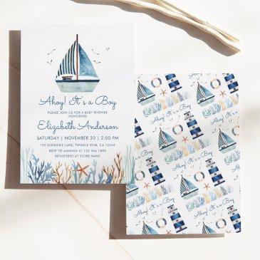 ahoy! it's a boy watercolor sailboat baby shower invitation