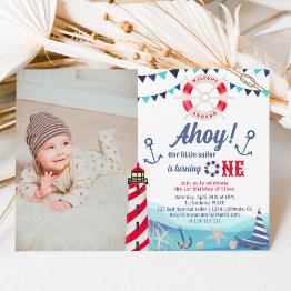 Small Ahoy Sailor Nautical Boat Blue Red 1st Birthday Invitation Front View