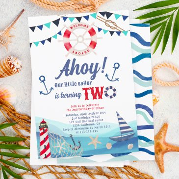 ahoy sailor nautical boat blue red 2nd birthday invitation