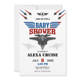 Small Air Force Jet Fighter Pilot Baby Shower Invitation Front View