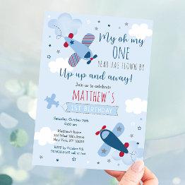 Small Airplane Boy First Birthday Invitation Front View