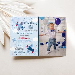 Small Airplane Clouds Boy First Birthday Invitation Front View