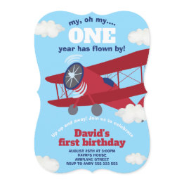 Small Airplane One Year Flown Boy 1st Birthday Invitation Front View