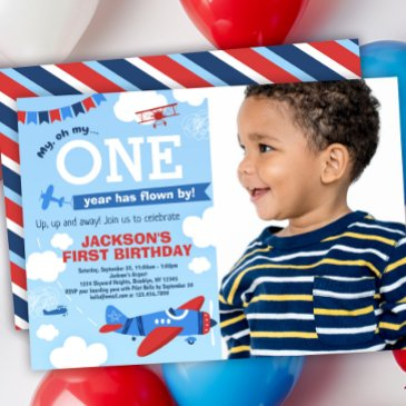 airplane one year has flown by 1st birthday photo invitation