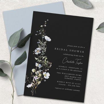 airy wildflower | black blue floral bridal shower invitation