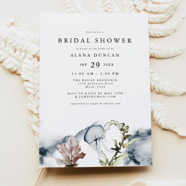 alana tropical ocean coral beach bridal shower invitation
