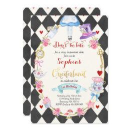 Small Alice In Onederland Birthday Invitation Tea Party Front View