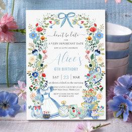 Small Alice In Wonderland Floral Birthday Tea Party Invitation Front View
