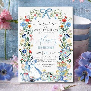 alice in wonderland floral birthday tea party invitation