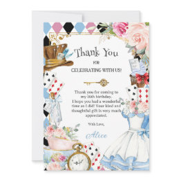 Small Alice In Wonderland Floral Birthday Tea Party Thank You Invitations Front View