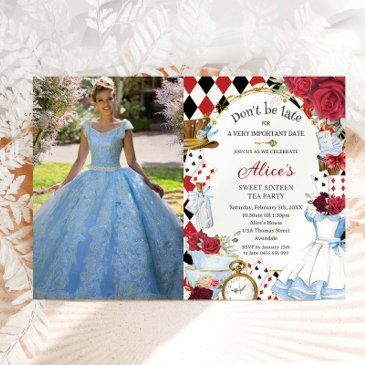 alice in wonderland red floral birthday tea party invitation