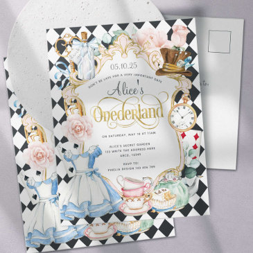 alice onederland tea party girl 1st birthday invitation postinvitations