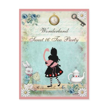 alice, pink flamingo & cheshire cat sweet 16 invitation